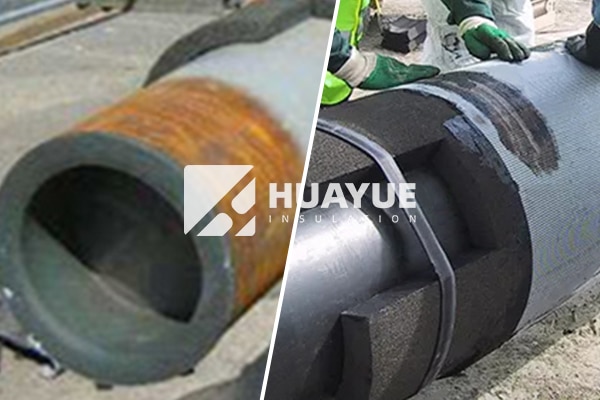 cellular glass pipe insulation manufacturers before-after comparison: corroded steel pipe vs. new pipe with cellular glass insulation in fertilizer plant