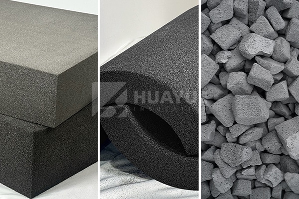 Foam glass insulation boards, pipe sections, and gravel in three product forms