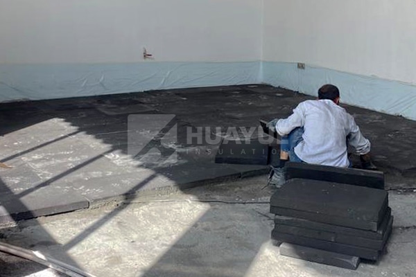 Foam glass board insulation installed below a floor or foundation slab